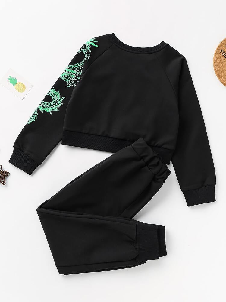Black 2 pcs dragon print tracksuit