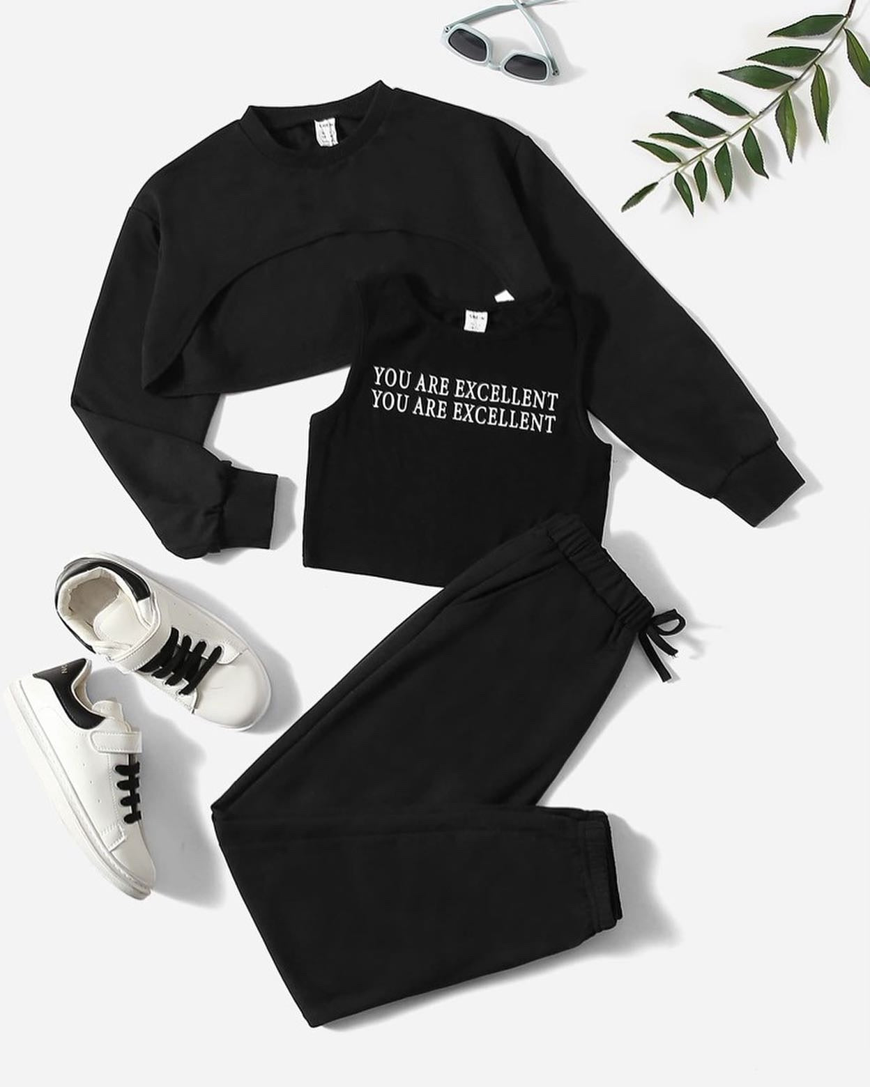 Black 3 pcs boat cut tracksuit