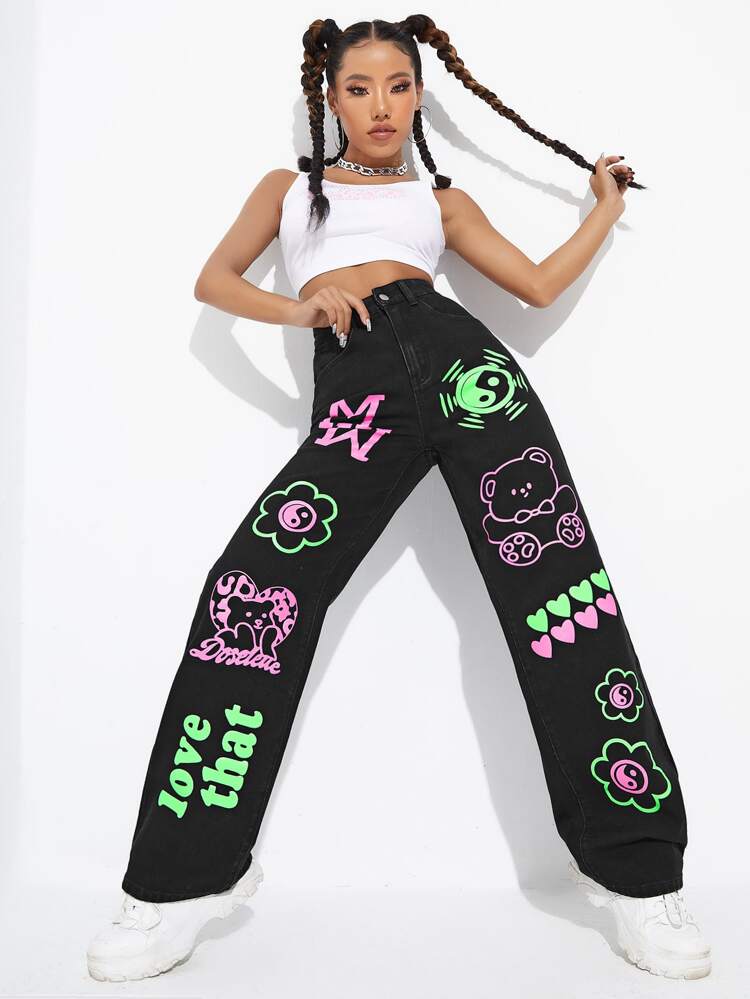 Black graphics printed jeans