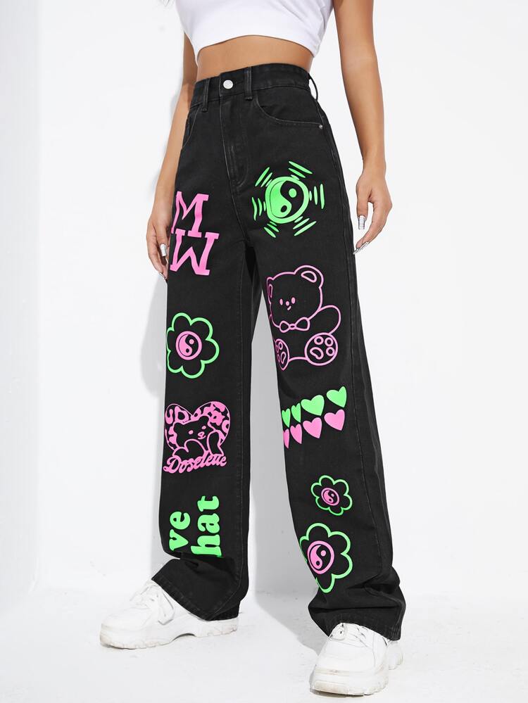 Black graphics printed jeans
