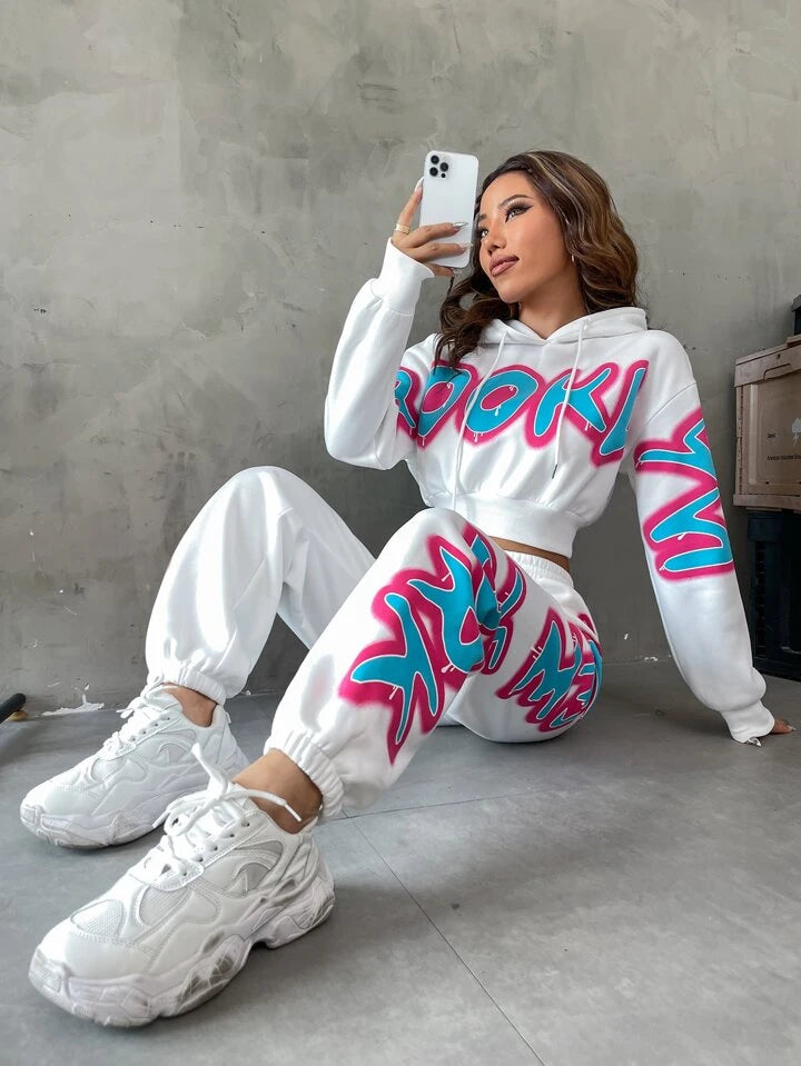 Brooklyn crop hoodie graphic print tracksuit