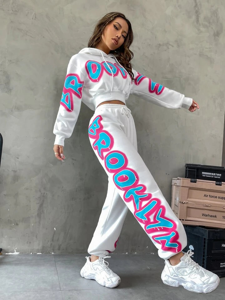 Brooklyn crop hoodie graphic print tracksuit