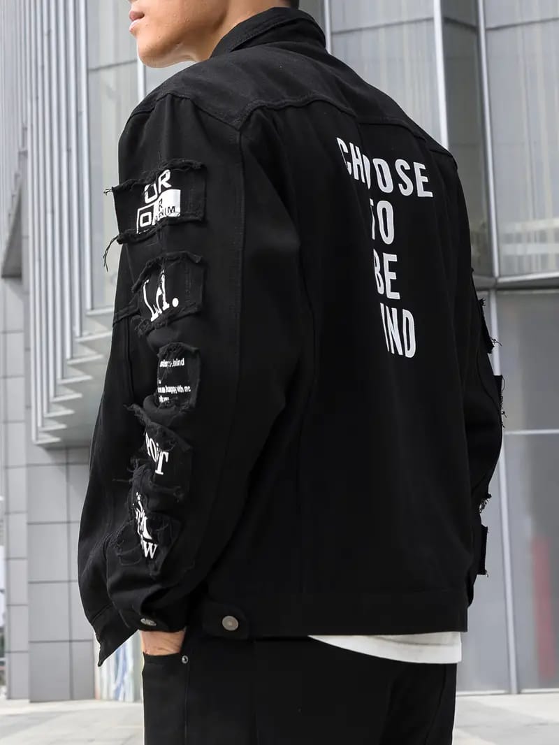 Black printed denim jacket