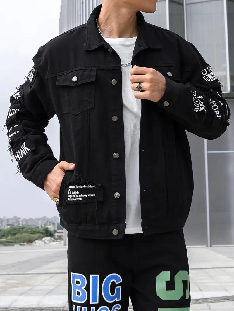 Black printed denim jacket