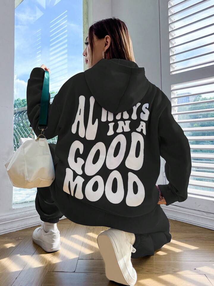 BLACK WORD PRINT HOODIE TRACKSUIT
