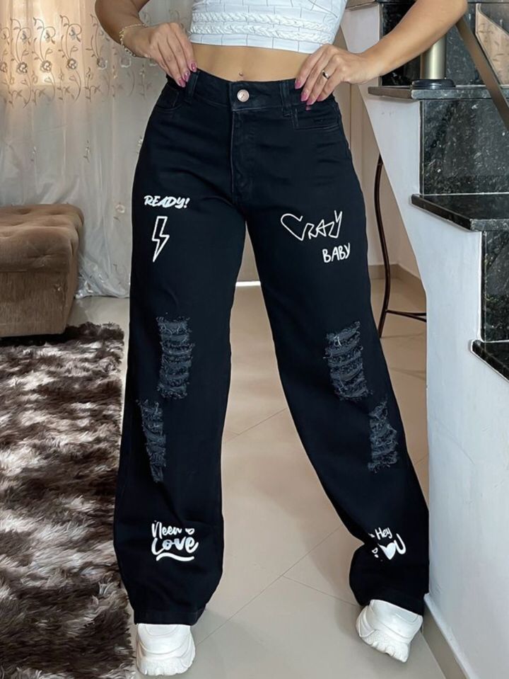 Black Ripped Printed Jeans