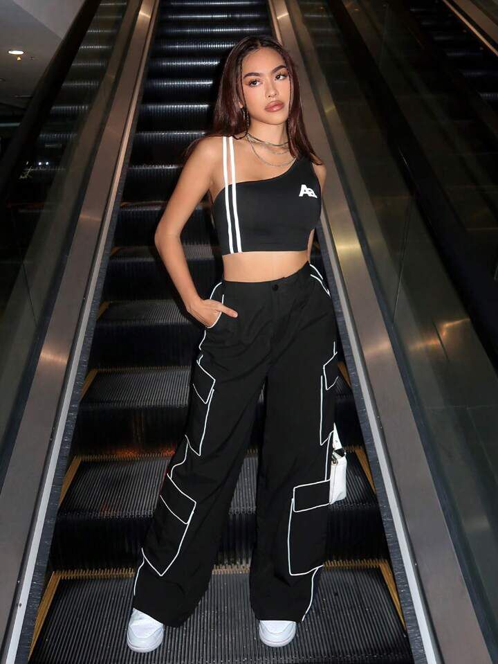 Black Cargo Pant White Piping