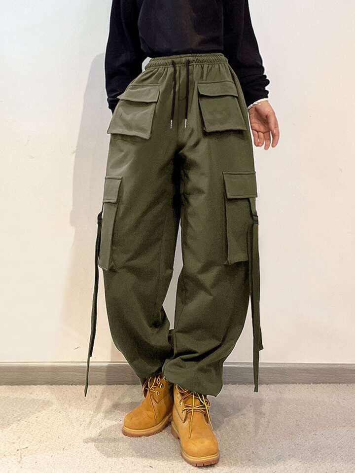 Olive Green Strips Pocket Cargo