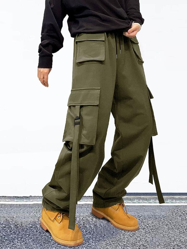 Olive Green Strips Pocket Cargo
