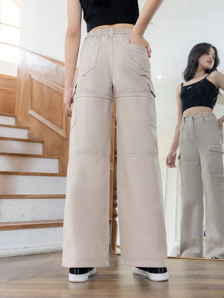 Top Stitching Beige Cargo Pants
