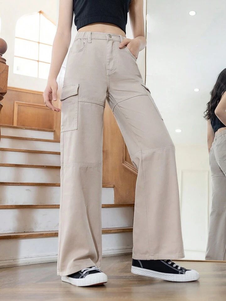 Top Stitching Beige Cargo Pants