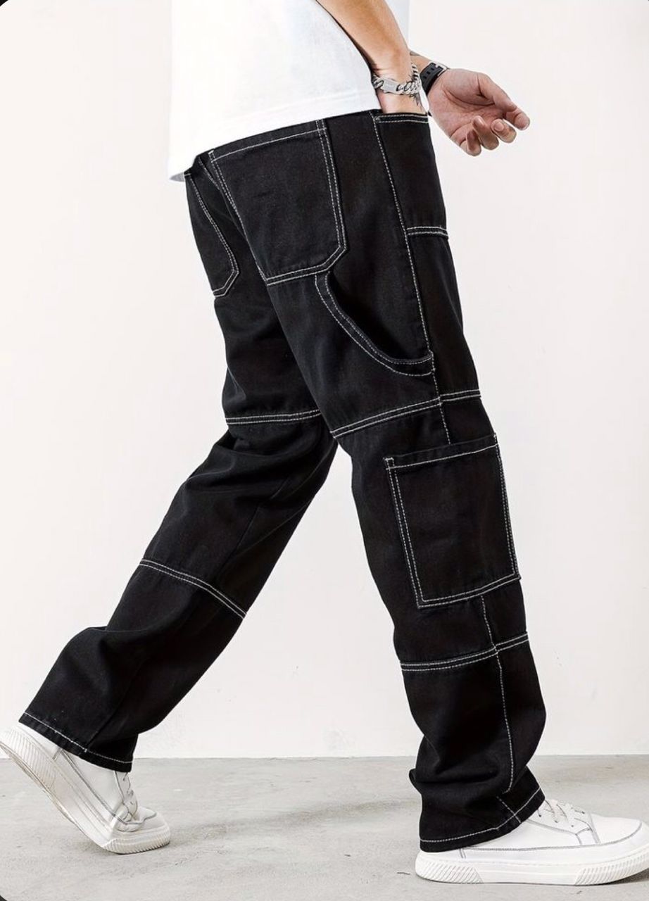 Top Stitching Black Cargo Pants