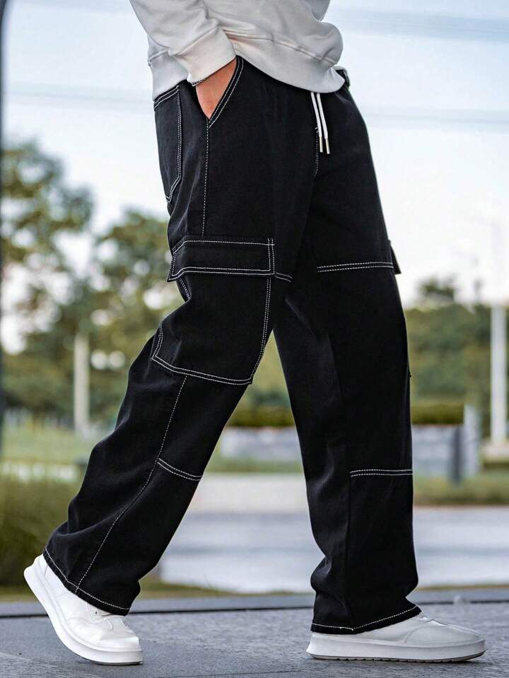 Black Top Stitching Cargo Pants