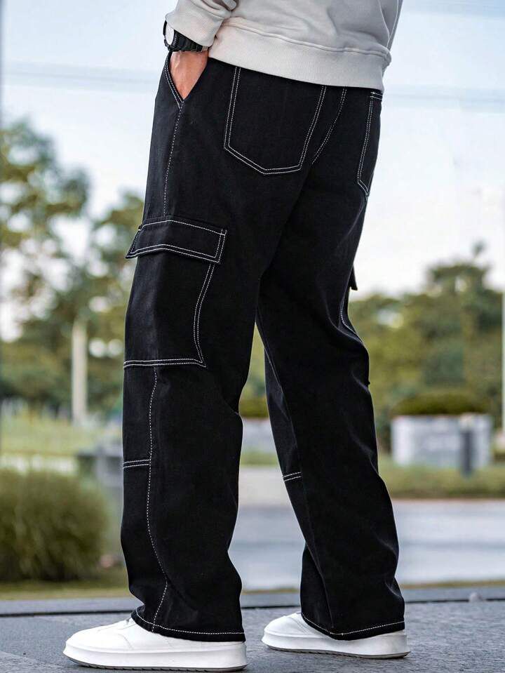 Black Top Stitching Cargo Pants