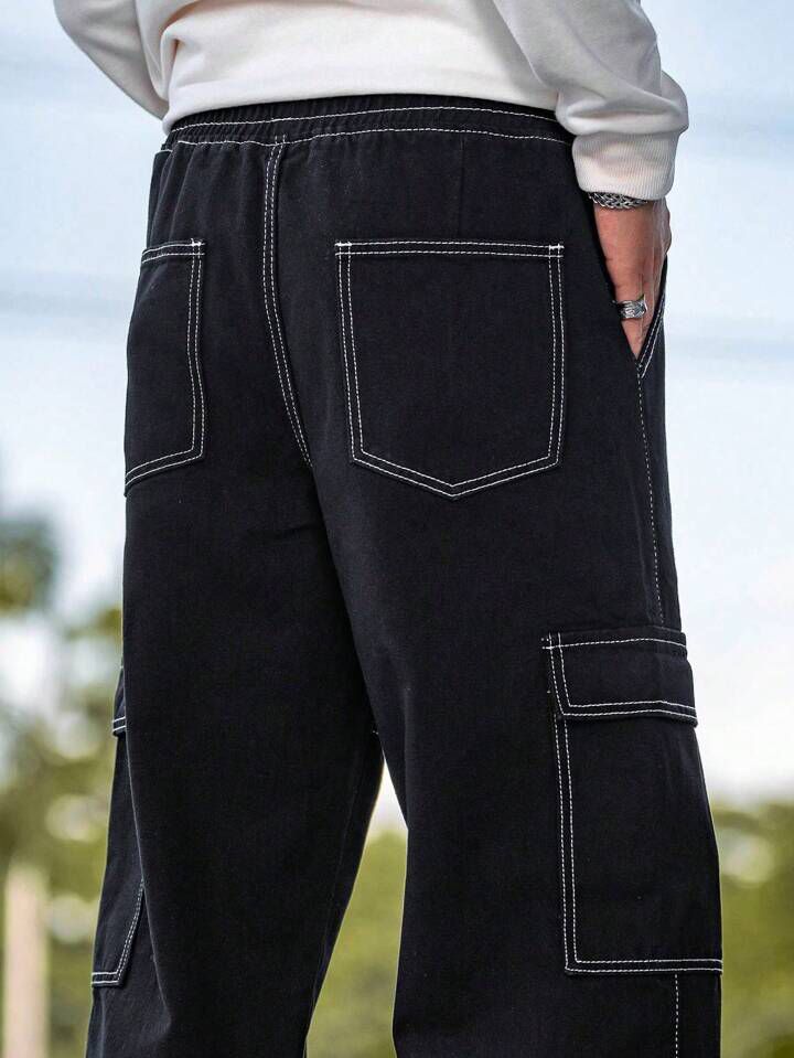Black Top Stitching Cargo Pants