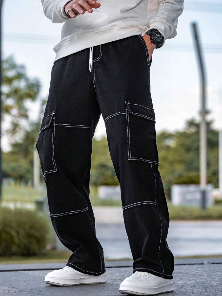 Black Top Stitching Cargo Pants