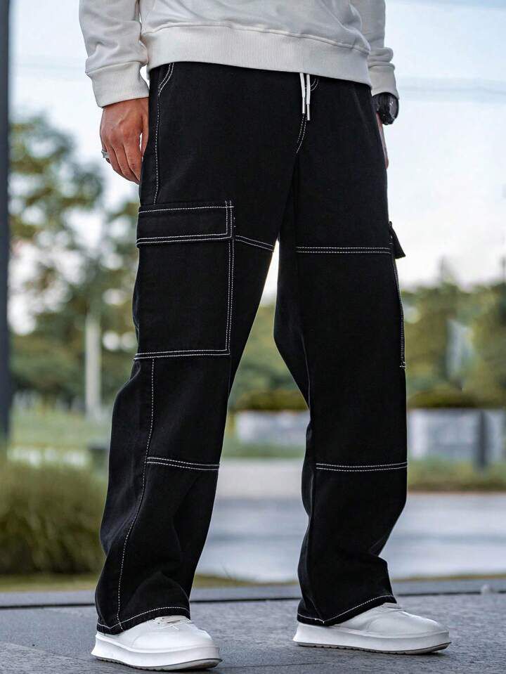 Black Top Stitching Cargo Pants