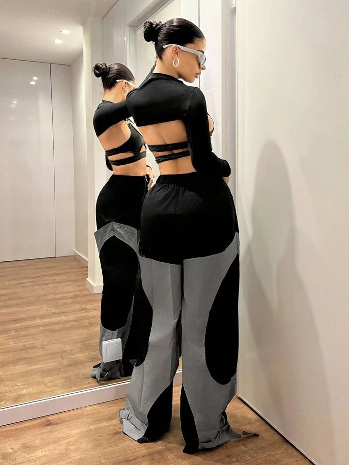 Color Block Wide Leg Cargo