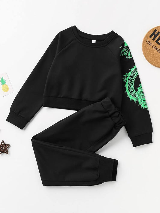 Black 2 pcs dragon print tracksuit