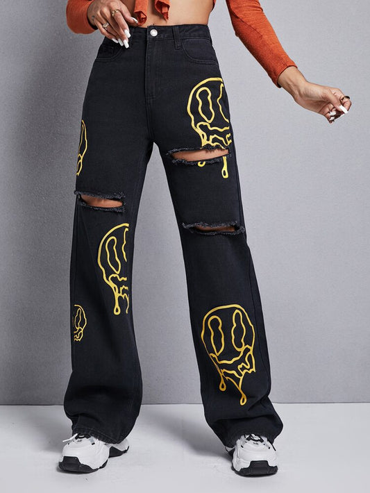 Emoji print black wide leg jeans