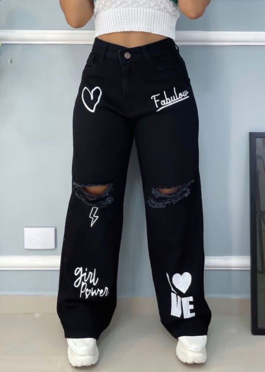 Black printed wide leg jeans