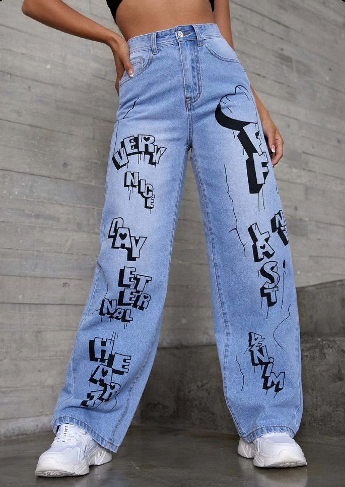 Blue printed wide leg jeans