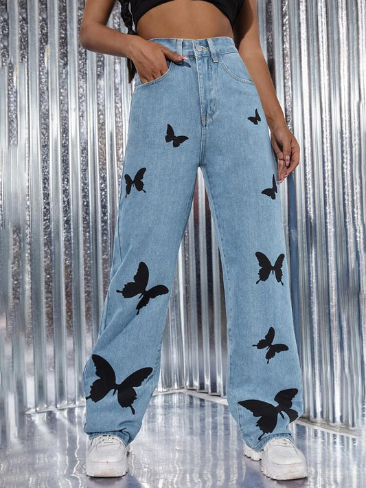 Blue butterfly print jeans