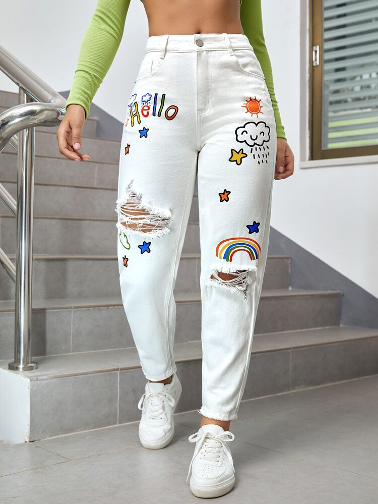 White graphics print MOM jeans