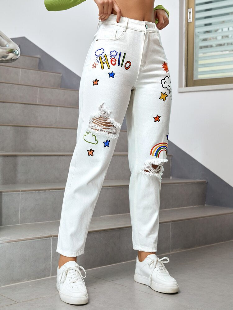 White graphics print MOM jeans