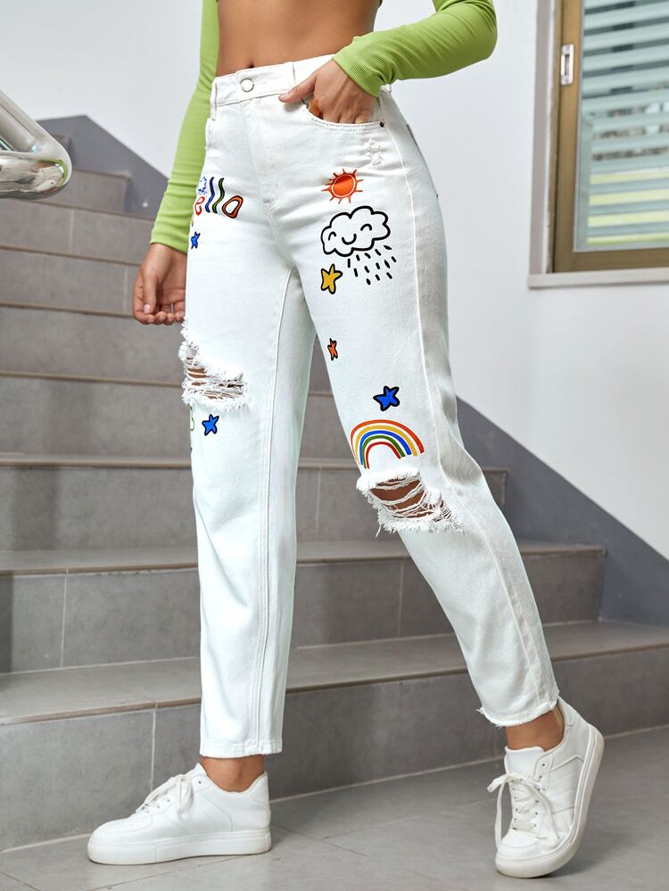 White graphics print MOM jeans