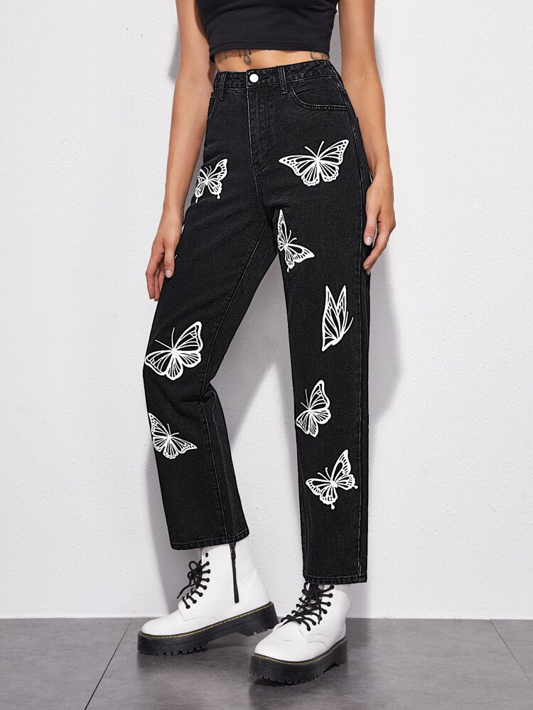 Black butterfly print jeans