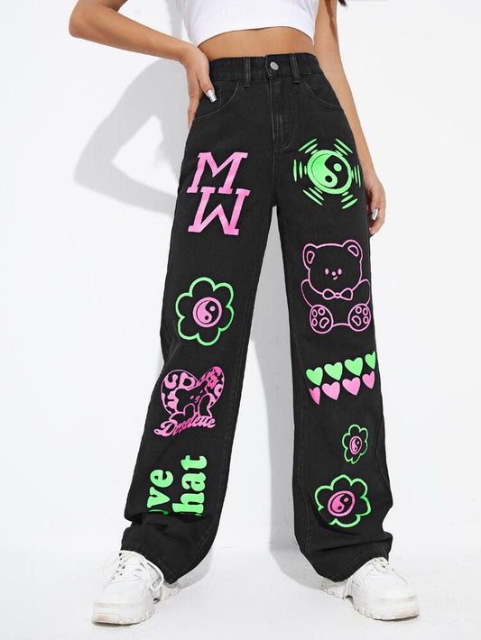 Black graphics printed jeans