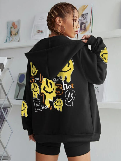 Emoji print hoodie zipper
