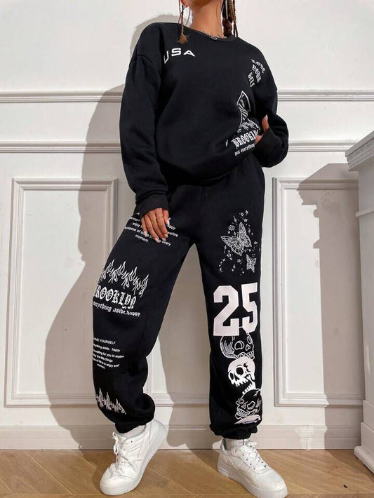 BLACK SWEATSHIRT PRINTED TRACKSUIT