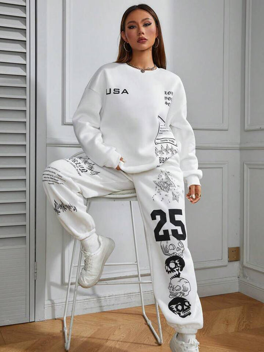 WHITE SWEATSHIRTS PRINTED TRACKSUIT