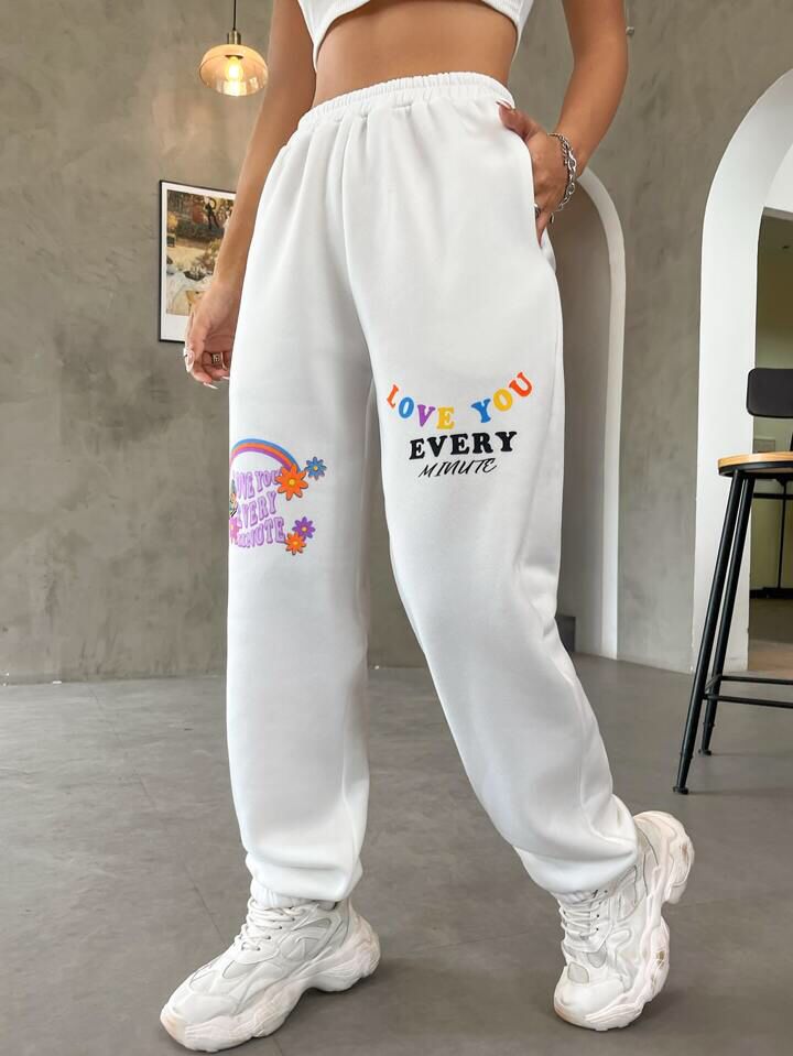 WHITE GRAPHIC PRINT SWEATPANTS