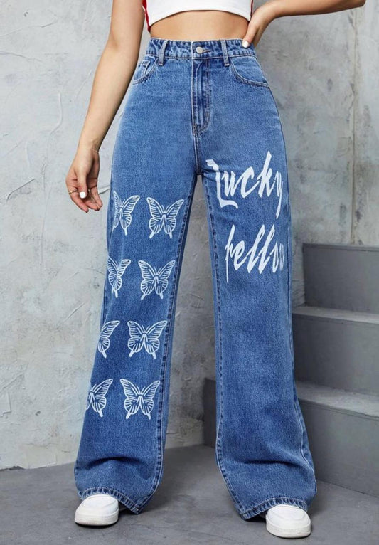 Mid Blue Printed Wide Leg Jeans