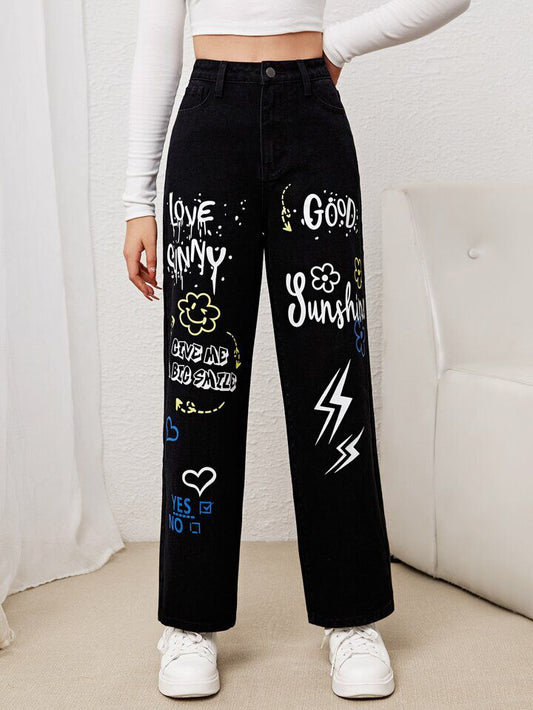 Black Graphic Print Jeans