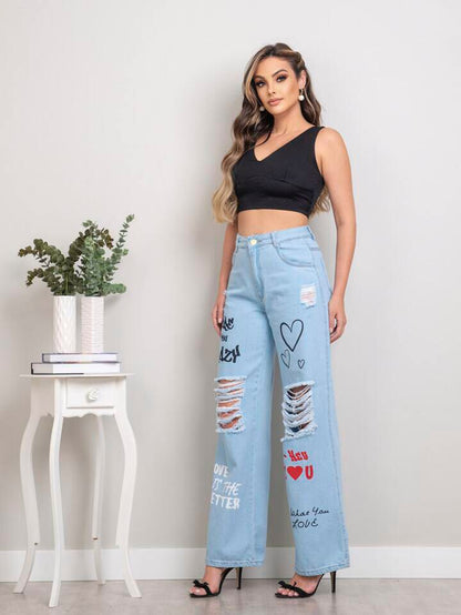 Ice Blue Ripped Printed Jeans