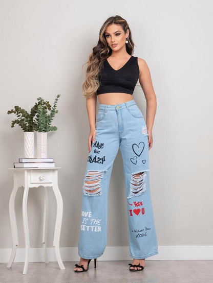 Ice Blue Ripped Printed Jeans