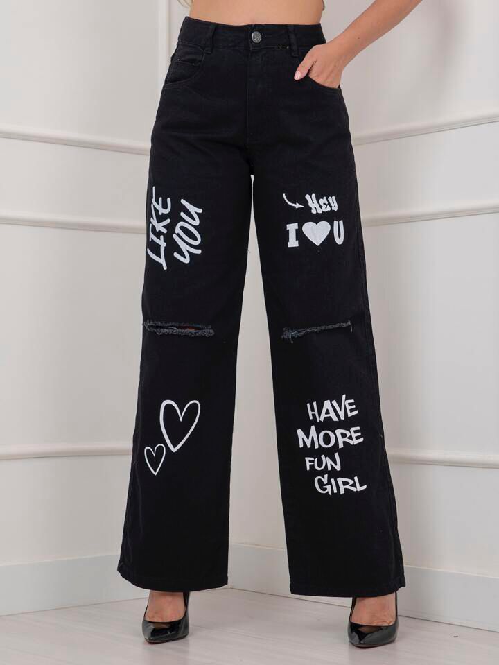 Black Ripped Printed Wide Leg Jeans