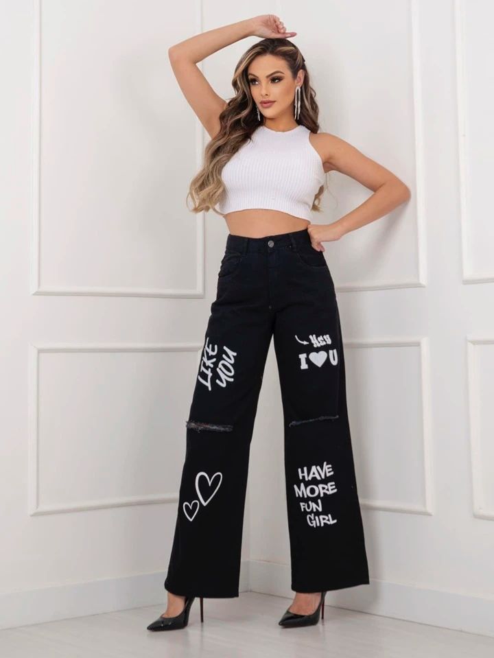 Black Ripped Printed Wide Leg Jeans