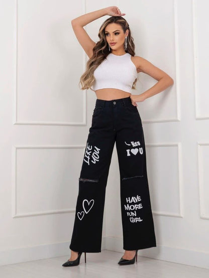 Black Ripped Printed Wide Leg Jeans