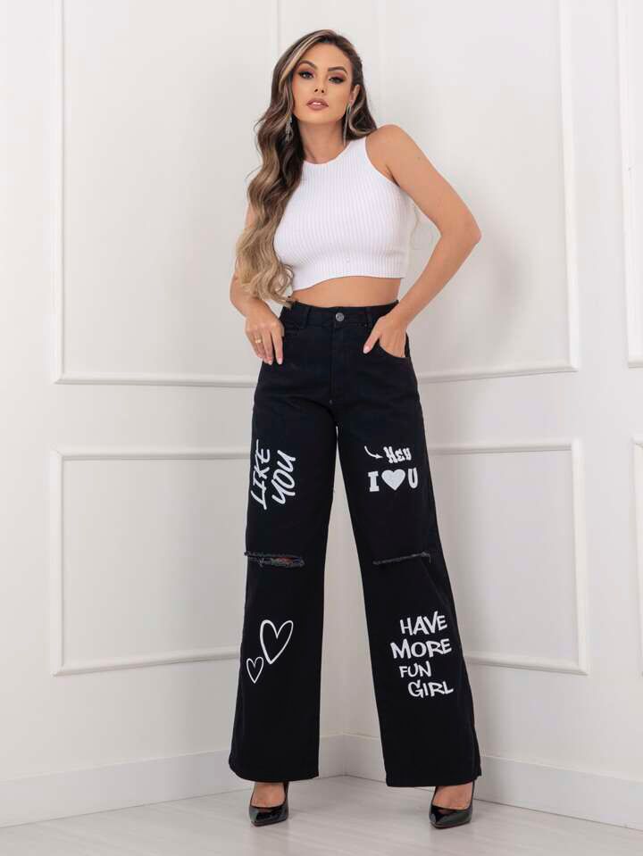 Black Ripped Printed Wide Leg Jeans