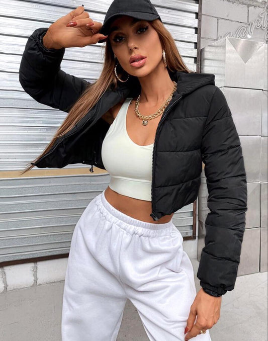 Black Crop Hooded Puffer Jacket