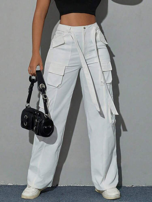 White Strips Flap Pocket Cargo Pants