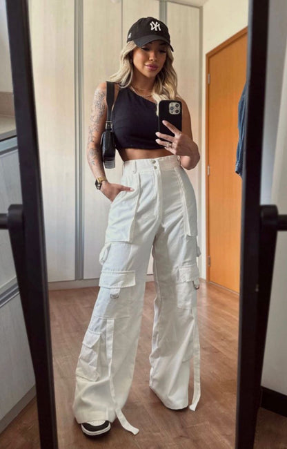 White Strips Cargo Pants