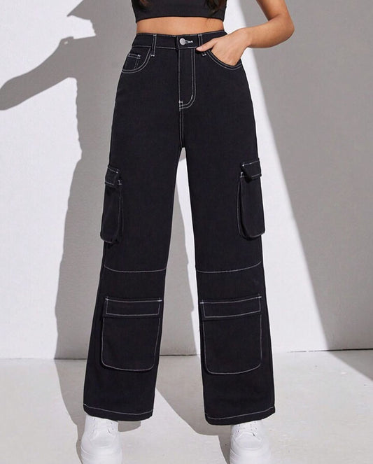 Top stitching Black Four Pockets Cargo Pants