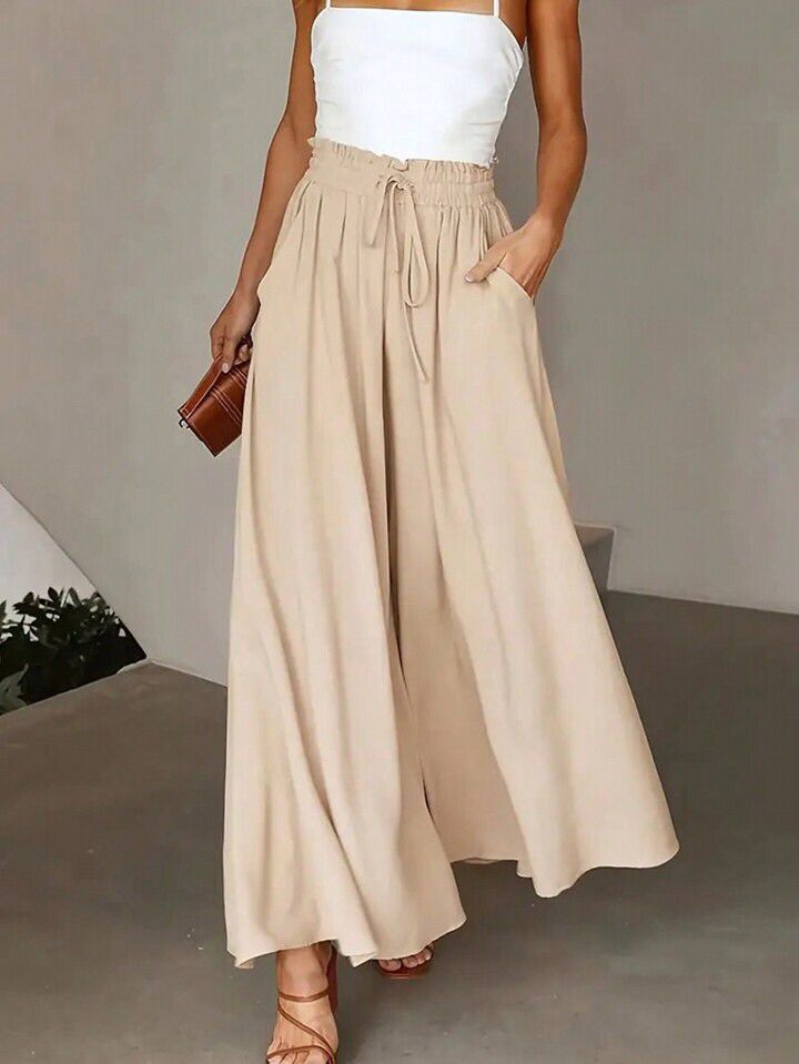 Beige Linen Wide Leg Trouser