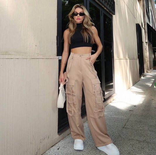 Beige Strips Cargo Pants